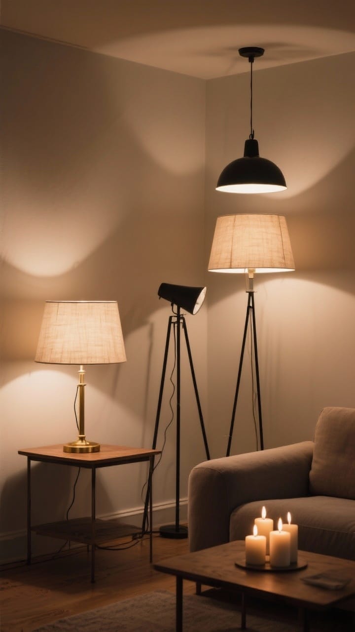Medium shot of a living room corner with hygge lighting: warm white bulbs (2700K–3000K) in linen lampshades on a brass table lamp and a black metal floor lamp at different heights, overhead pendant dimmed low; a trio of candles clustered on a side table; the scene glows softly with zero harshness, parchment and linen shades casting a flattering filter-like glow; no people, photorealistic evening ambiance.