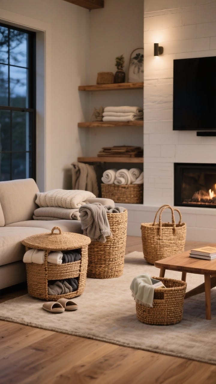 Medium shot of a living room seating zone with basket stations at every seat: a lidded jute basket beside a sofa holding folded throws and slippers, a tall seagrass basket with rolled blankets next to the fireplace/TV wall, and a mini woven tote basket beside an accent chair with a light throw and a book inside; natural wood tones, calm neutral colors, evening ambient light, tidy and grab-and-go organization.