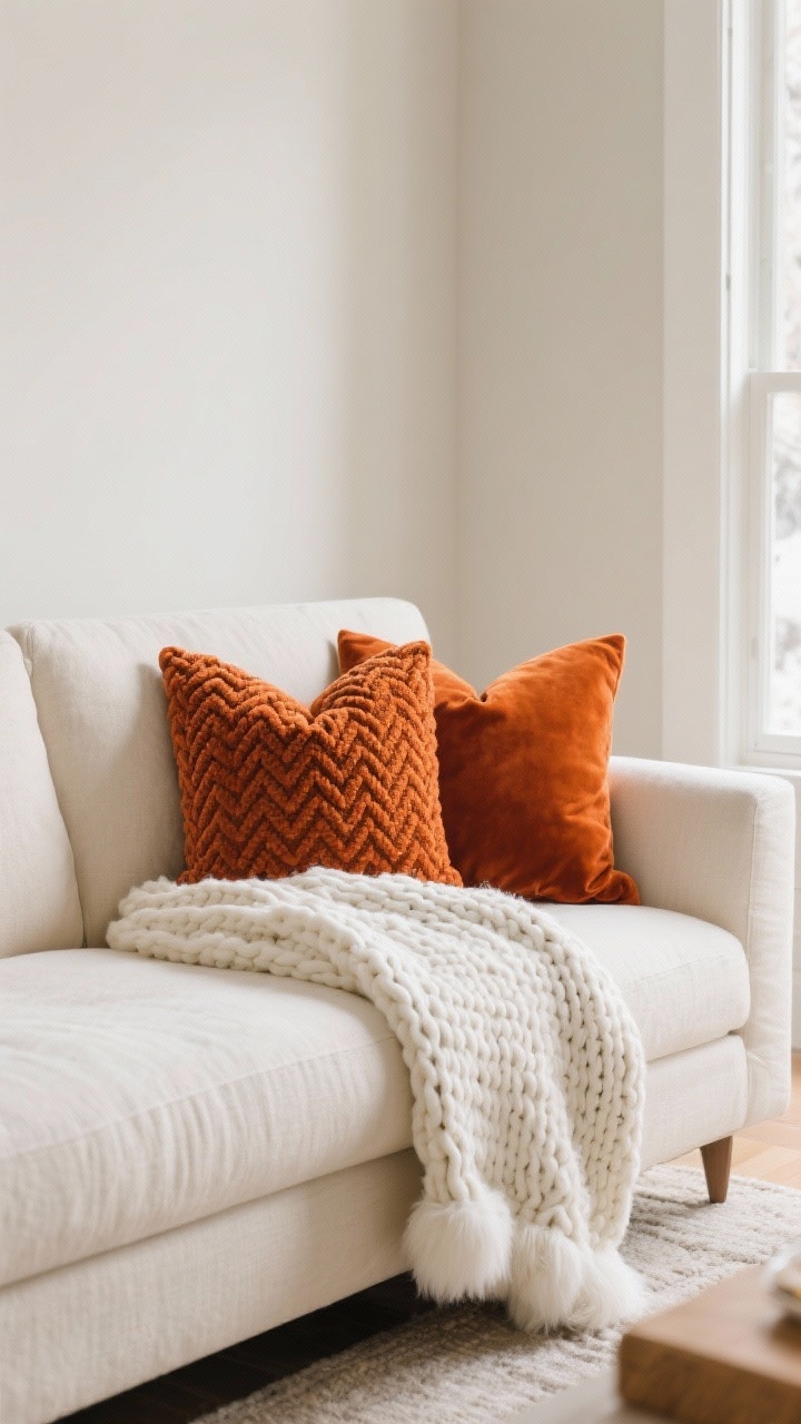 Medium shot of a living room sofa vignette: an ivory linen sofa styled with a white chunky knit throw and a white faux fur throw draped over the arm, paired with burnt orange velvet and orange boucle pillows; a subtle cream-and-rust herringbone patterned accent pillow adds contrast; neutral walls and soft natural winter light from a side window; textures are the focus, with the bold orange/white contrast feeling luxe and cozy; three-quarter angle.