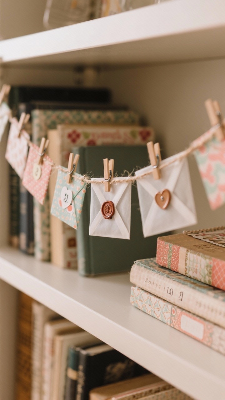 Medium shot of a mini envelope garland with hidden surprises: tiny envelopes made from patterned scrapbook paper and alternating translucent vellum, sealed with stickers, wax seals, and heart-shaped brads; clipped to twine with mini clothespins, some with numbered tags for a countdown; strung across a bookshelf at low height; cozy ambient lighting highlighting textures and peek-a-boo contents through vellum envelopes
