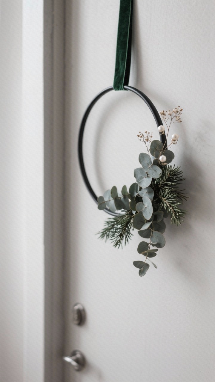 Medium shot of a minimal Nordic metal hoop wreath (12–18 inches) in matte black, styled asymmetrically with clusters of eucalyptus and juniper on one side and a few pearly dried lunaria stems; finished with a narrow deep green velvet ribbon tail without a bow; clean lines against a smooth, neutral door; calm, modern mood with soft natural winter light; slight corner angle