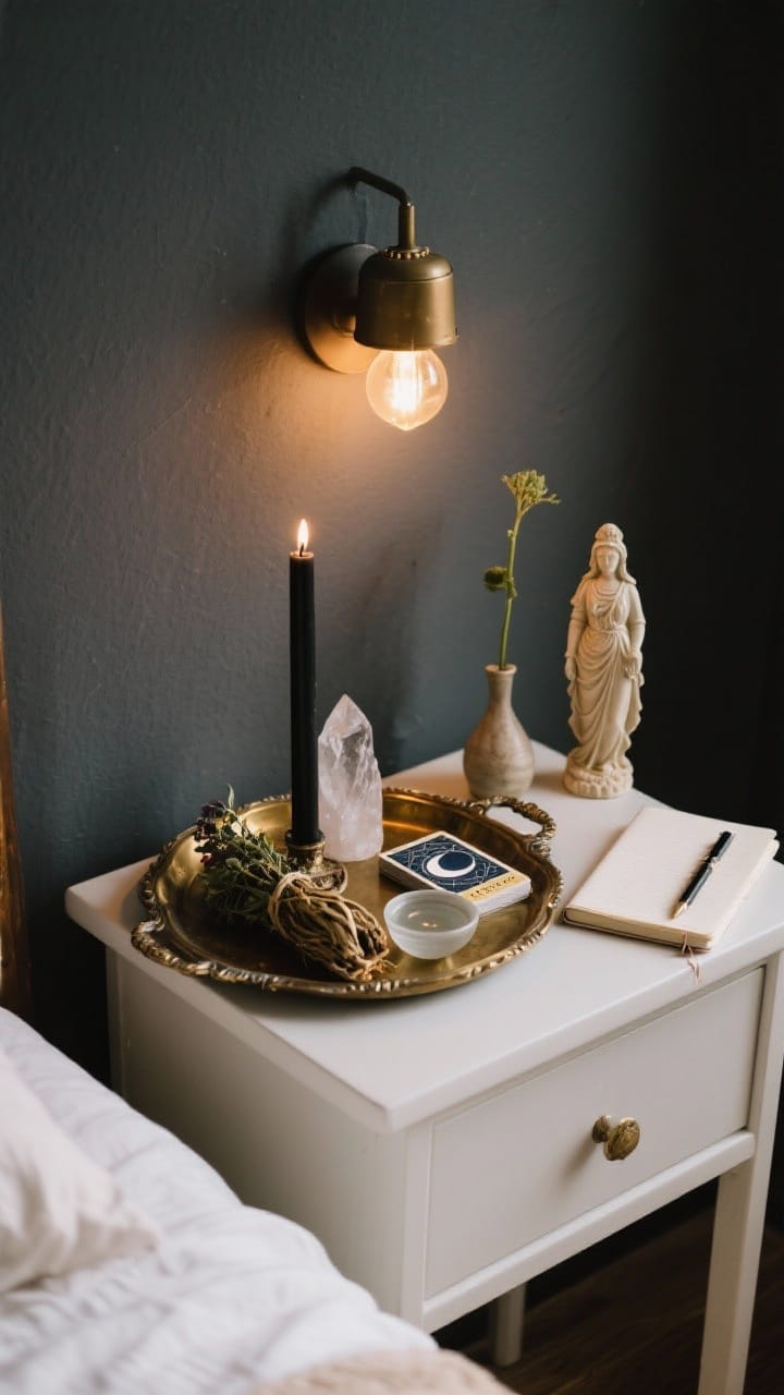 Medium shot of a nightstand altar nook: a vintage brass tray corralling a black pillar candle, clear quartz crystal, tarot deck, and a small bowl of moon water; a tiny goddess statue beside a bud vase holding a single stem; a journal with a pen; seasonal herb bundle resting on the tray; warm lamplight creating a focused, sacred feel against a charcoal wall.