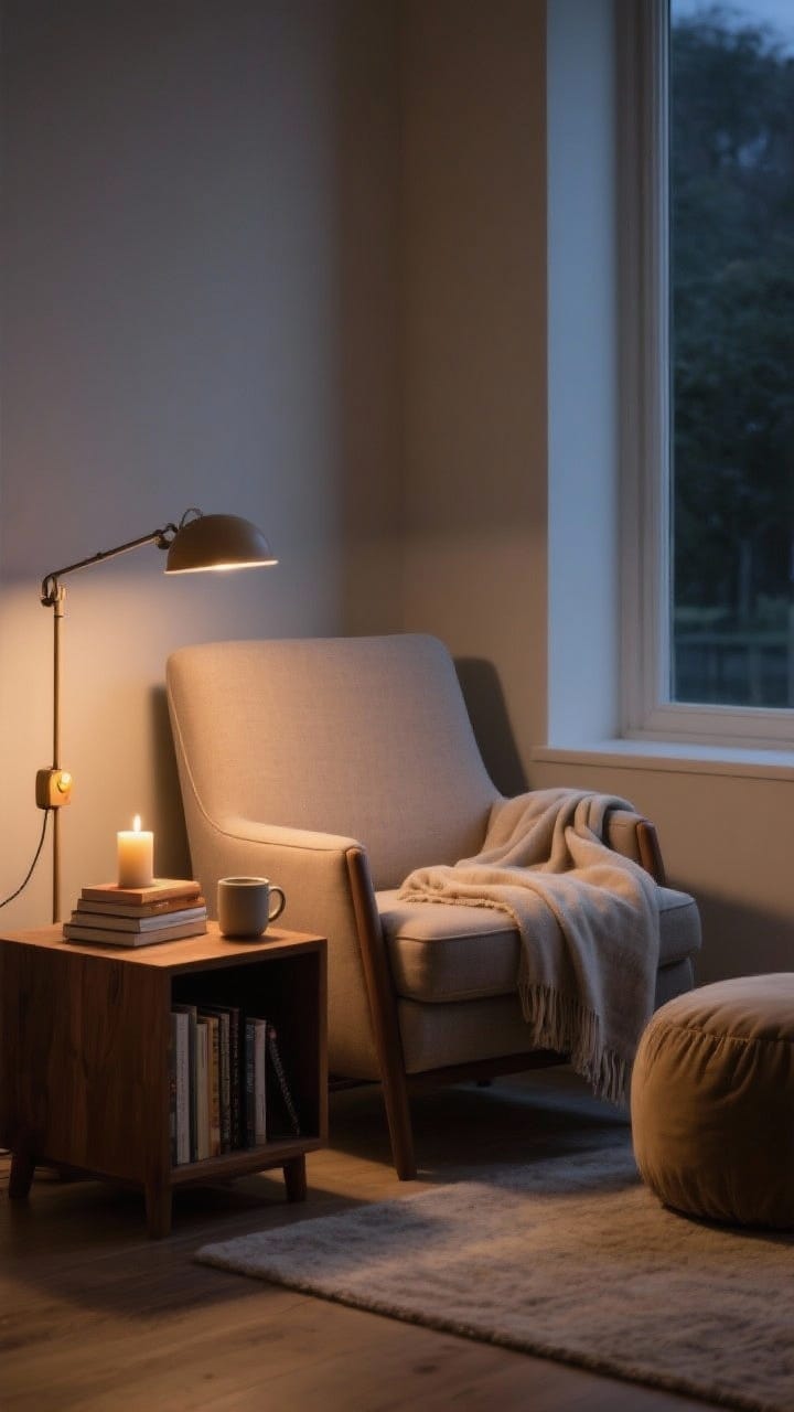 Medium shot of a reading nook in a room corner: a supportive armchair with a high back, draped with a soft throw; a compact wooden side table holding a mug, a candle, and a small stack of books; a warm task lamp with a dimmer casting focused light; optional pouf/footstool tucked in; calm, inviting, photorealistic evening scene.