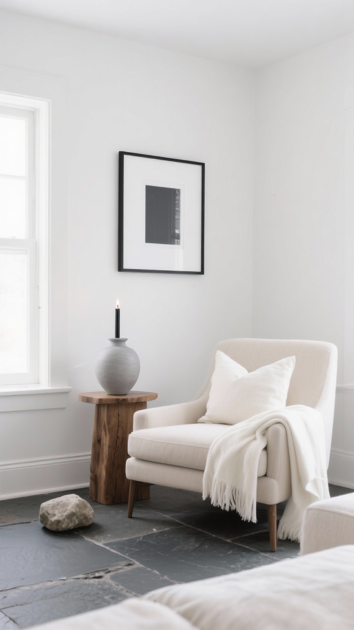 Medium shot of a serene living area embracing winter whites: soft white walls, light oatmeal upholstered armchair, ivory throw and cream pillows, pale gray ceramic vase on a natural wood side table; depth added by a charcoal candle and a thin black frame on the wall; one moody accent in slate on the floor as a small stone object; diffused winter light, intentional layered whites, crisp and calm.