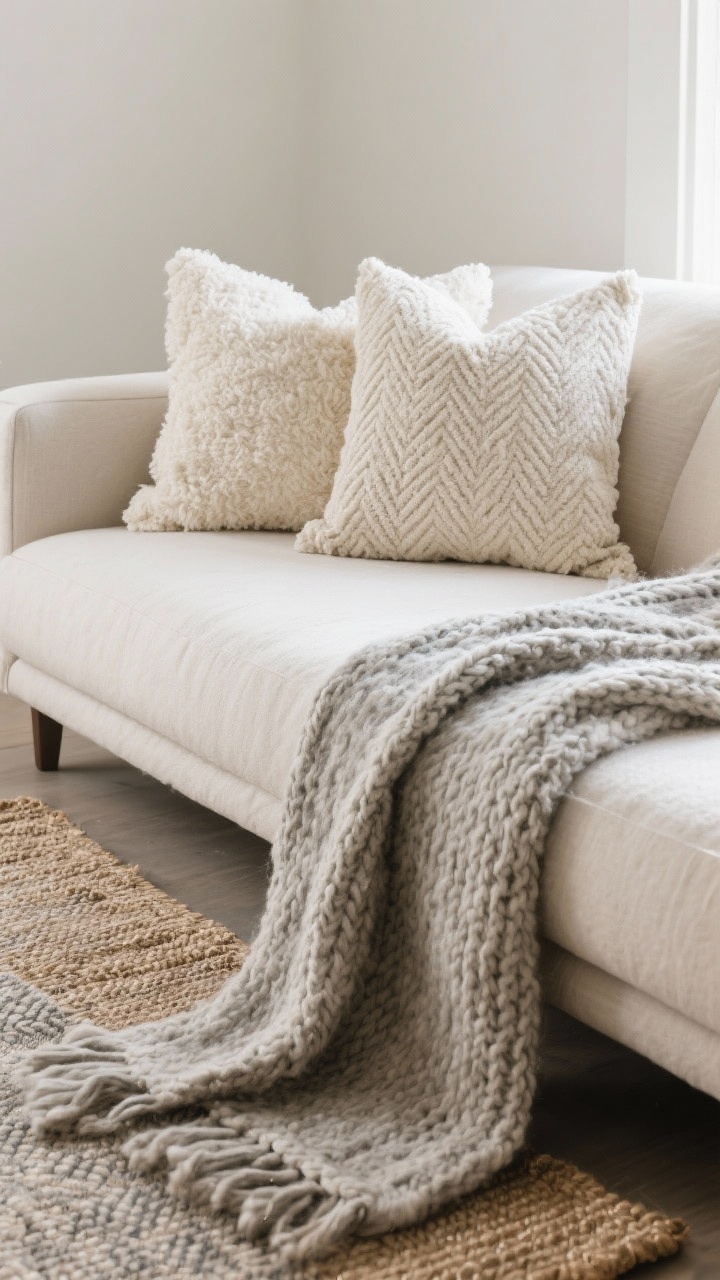 Medium shot of a sofa and rug corner showcasing intentional winter textiles: two to four pillows in quiet textures—cream bouclé, soft mohair, and natural linen—paired with one chunky knit wool throw; a thin heathered wool rug layered over a jute base peeking beneath a neutral sofa; subtle micro-patterns like herringbone on one pillow; daylight highlighting texture depth.