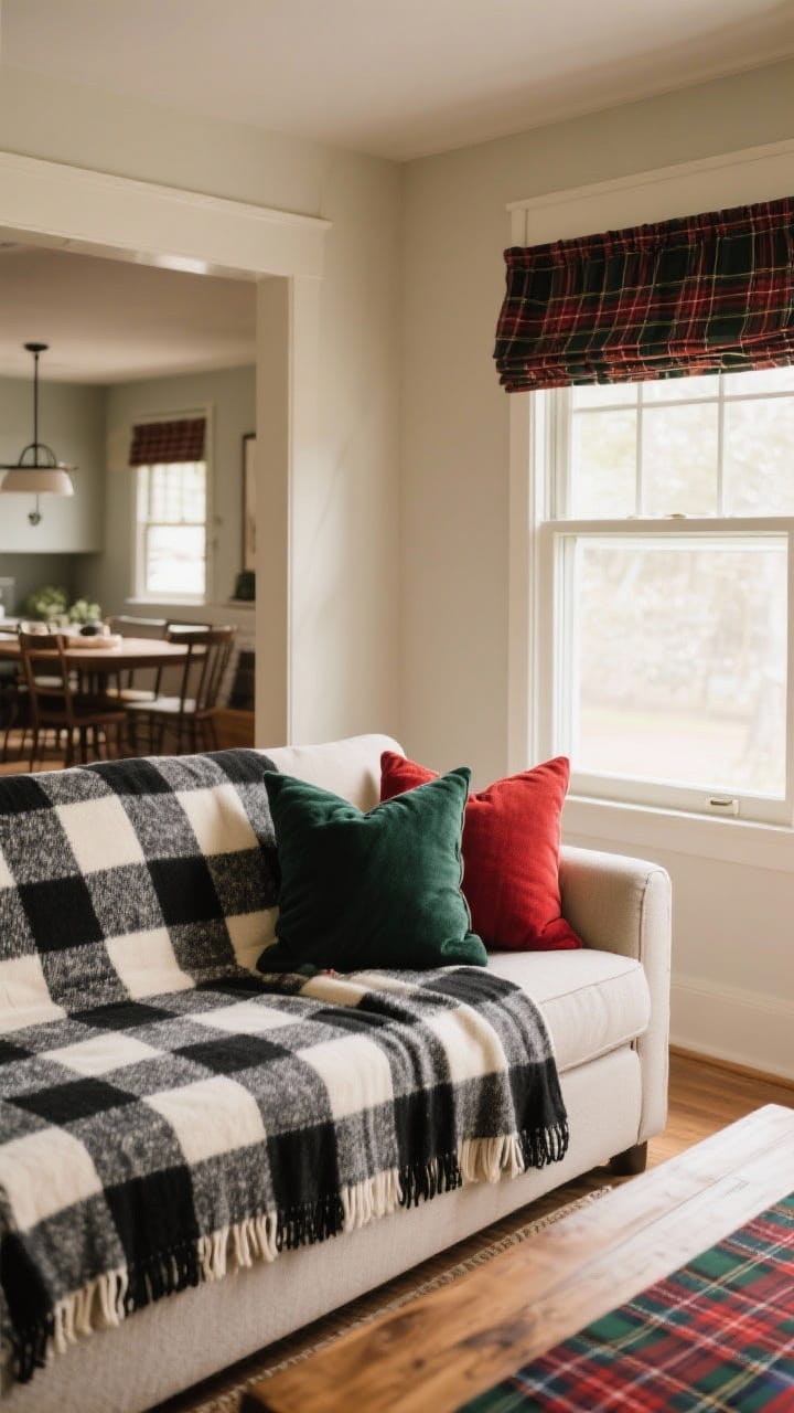 Medium shot of a sofa corner and window: plaid-forward styling with a large buffalo check throw in black and cream, micro plaid flannel pillow covers in red and deep green, and a narrow plaid window valance; a simple wood table runner with tartan pattern visible in background dining nook; balanced mix of plaid scales to look intentional; warm indoor light, straight-on framing.