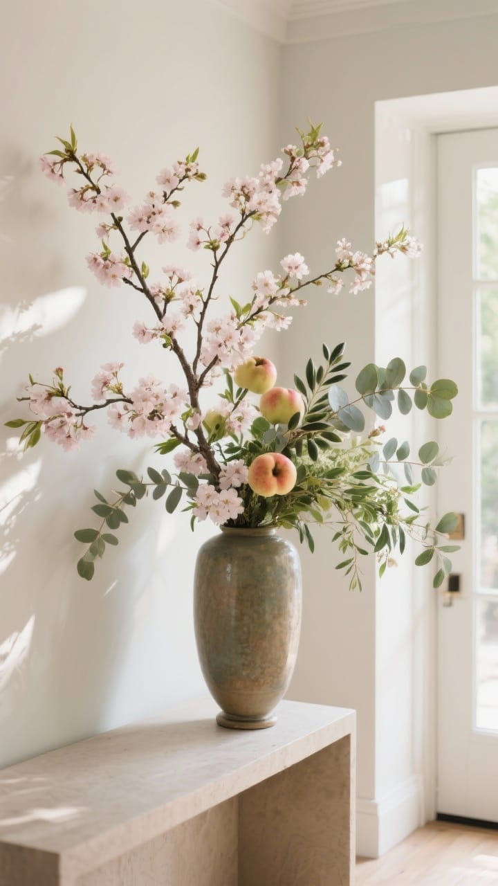Medium shot of a tall, weighted vase in the entry holding natural branches: flowering cherry blossom and quince with mingled eucalyptus and olive for soft, romantic textures; asymmetrical arrangement leaning and arcing organically; neutral console and wall backdrop; bright natural daylight highlighting the fresh greens and delicate blooms.