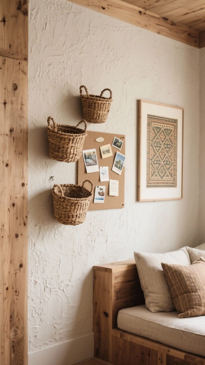 Medium shot of a wall warmed with texture, no paint: a trio of woven wall baskets arranged in a cluster, a fabric-covered pinboard in a reading corner layered with postcards and notes, and a framed vintage textile adding pattern and history; neutral walls, natural wood accents, soft diffused daylight emphasizing depth.