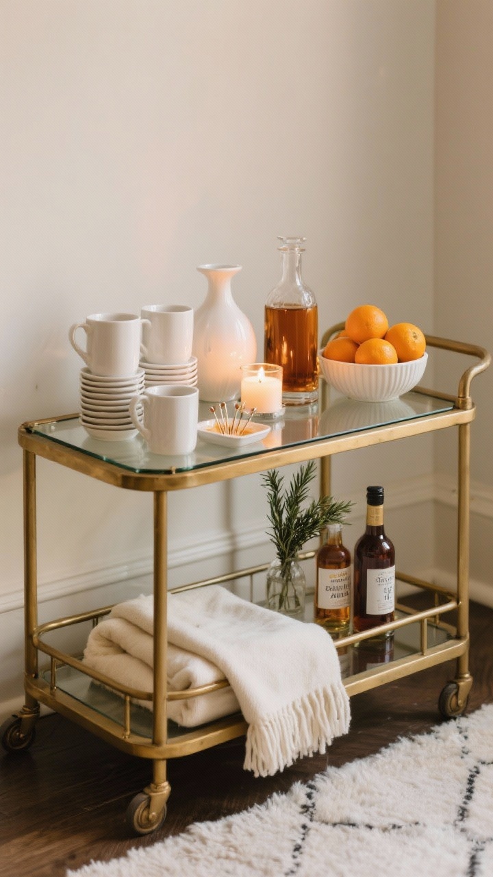 Medium shot of a winter bar cart: a brass-and-glass two-tier cart styled with creams and citrus; top shelf features stacked white mugs for hot toddies, a white ceramic piece, a glowing candle, an amber glass decanter, and a bowl piled with oranges; bottom shelf holds a neatly folded ivory throw and a small tray with cocktail picks; a mini bud vase with a sprig of rosemary; labels on bottles are tasteful; warm ambient lighting with gentle reflections for a polished, cozy feel; angled corner perspective.