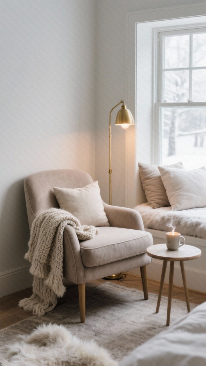 Medium shot of a winter retreat corner: a petite upholstered accent chair in soft taupe with a sheepskin throw draped over the seat, chunky knit blanket folded on the arm, and a cushy lumbar cushion; a tiny round side table with a steaming mug and candle; a slim brass floor lamp with a warm bulb aimed at the chair for task lighting; placed by a window with quiet natural light; alternate “bed nook” vibe hinted by extra pillows along the window ledge; photographed from a cozy corner angle.