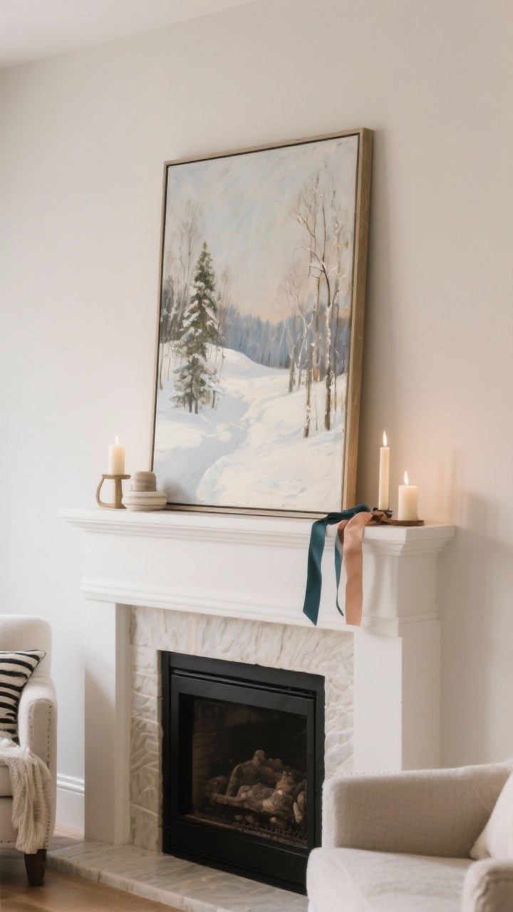 Medium shot of an art-led mantel: a winter landscape print leaning as the anchor; accessories kept low and simple to respect the large art scale; candles and ribbon in two colors precisely echoed from the artwork’s palette; minimal clutter, layered casual feel; soft ambient light that flatters the painting’s tones; photorealistic.
