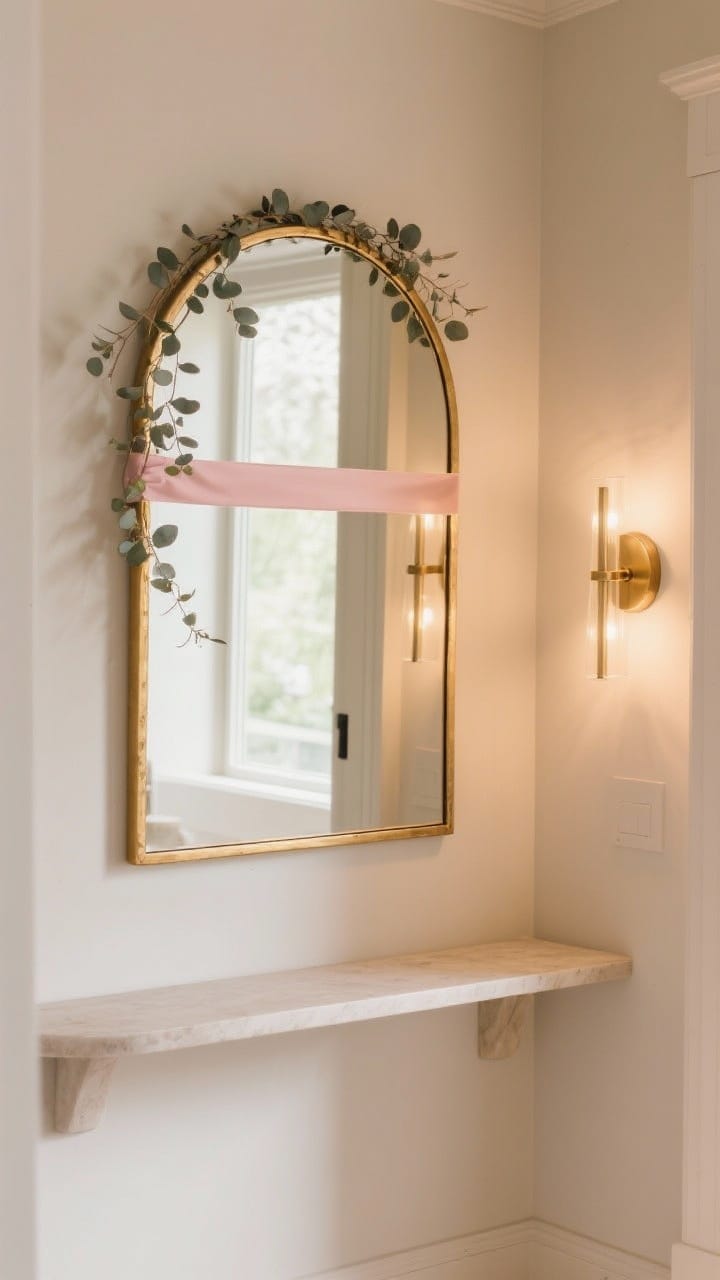 Medium shot of an upgraded mirror moment in the entry: a gilded arched mirror centered at eye level, with a slim blush ribbon tied around the top and a delicate eucalyptus strand draped along the edge; adjacent soft lighting from a brass sconce to reduce harsh shadows; warm, flattering ambiance; neutral wall and tidy console reflected.