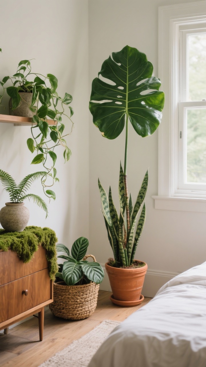 Medium shot of bedroom greenery that thrives indoors: a tall fiddle leaf fig near a window, a snake plant on the floor in a terracotta pot, pothos trailing over a shelf in stoneware, and a fern or calathea on a dresser. Include moss-lined basket planter. Soft daylight, lush but balanced composition, earthy tones.