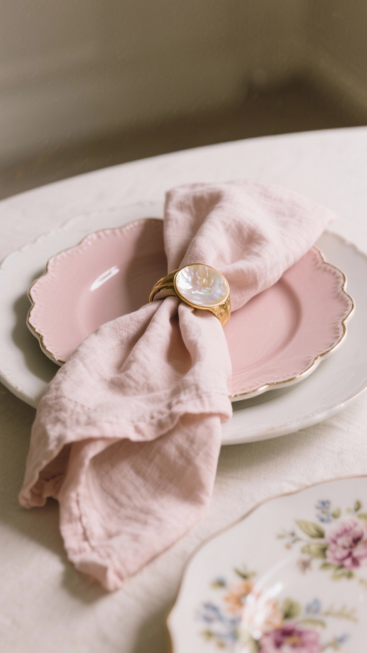 Medium shot of boutique-style napkin layering: oversized soft linen napkin in blush tied in a loose knot and another draped casually under a scalloped salad plate. Add a contrasting brass or mother-of-pearl napkin ring on a second setting for drama. Include tone-on-tone pairing (blush napkin on rose plate) and a floral printed napkin option when the surrounding setting is minimal. Soft, flattering light emphasizing drape and texture.