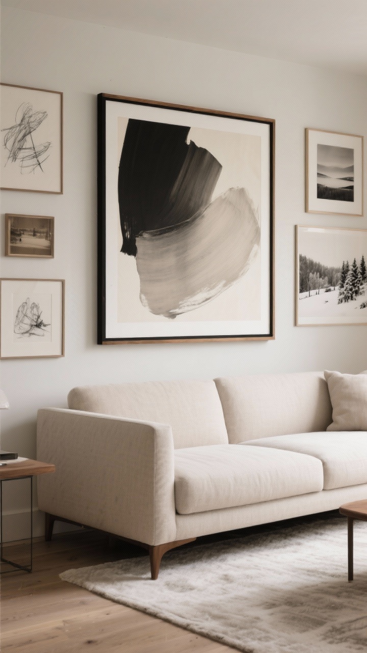Medium shot of calming neutral art: an oversized tonal abstract above the sofa in cohesive framing (black, oak, or white oak), with additional charcoal sketches and sepia photography arranged at eye level around 57 inches from the floor; option of a serene soft landscape on a nearby wall; wintery black-and-white photography replacing colorful prints, balanced warm lighting, photorealistic.