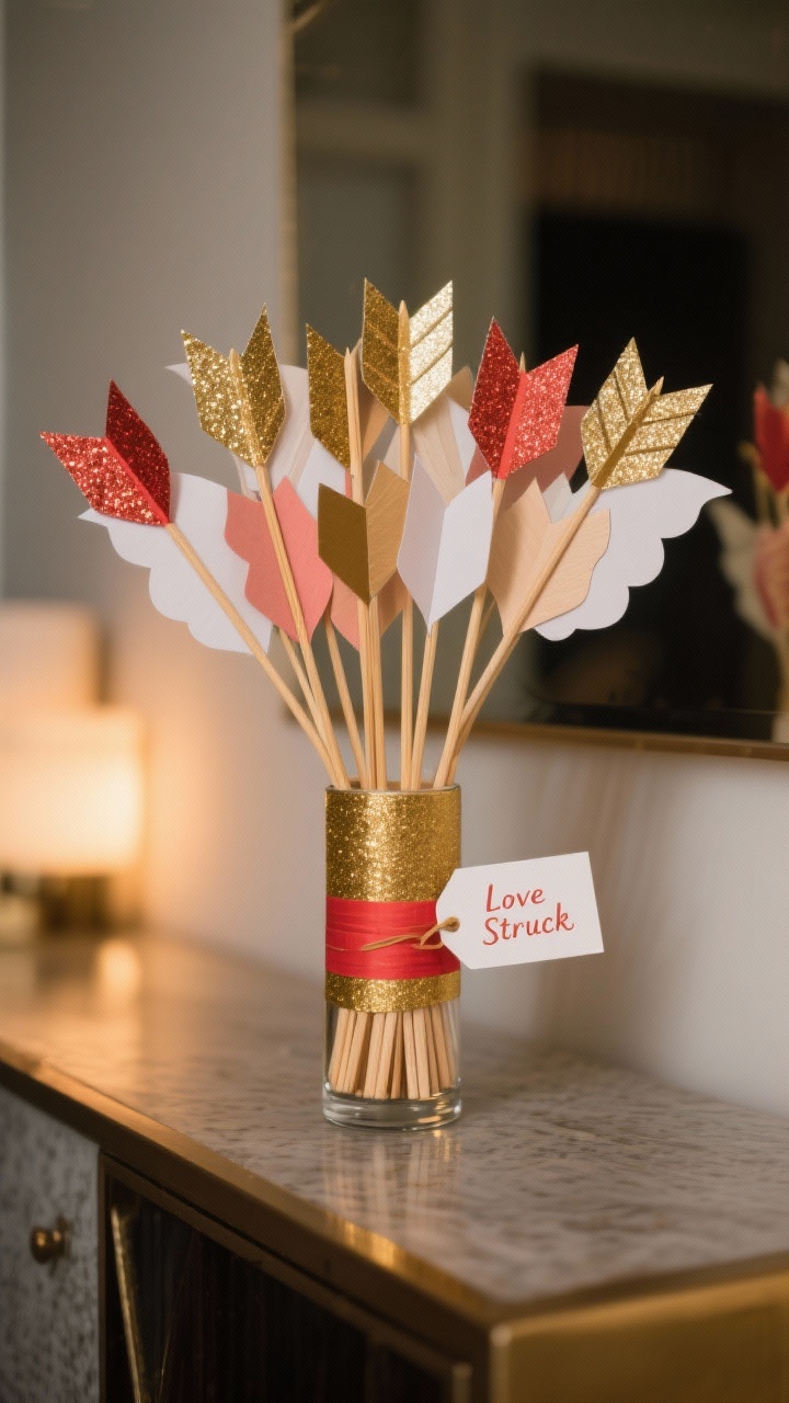 Medium shot of Cupid’s paper arrow bouquet in a tall vase: wooden skewers wrapped in gold and red washi tape as stems; matte cardstock arrowheads paired with metallic fletching in glitter paper and vellum; arrows polished on both sides, clustered in a group of nine for fullness; simple tag reading “Love Struck” tied to the vase; set on a console table with warm ambient lighting emphasizing mixed paper textures
