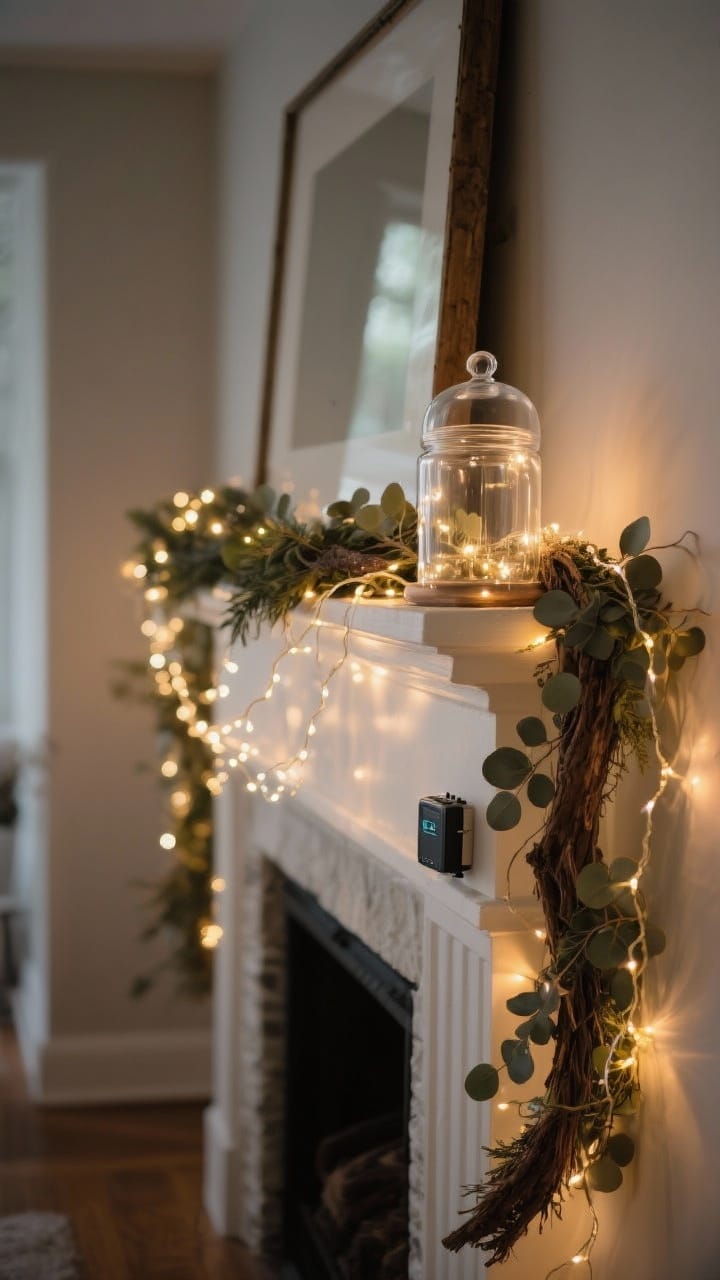 Medium shot of fairy lights integrated with decor: delicate string lights wrapped through a cedar-and-eucalyptus garland on the mantel, with additional micro-lights filling a glass cloche and a clear jar; warm twinkle glow in a dim room; battery pack discreetly hidden behind a frame; corner perspective to show depth and sparkle, photorealistic.