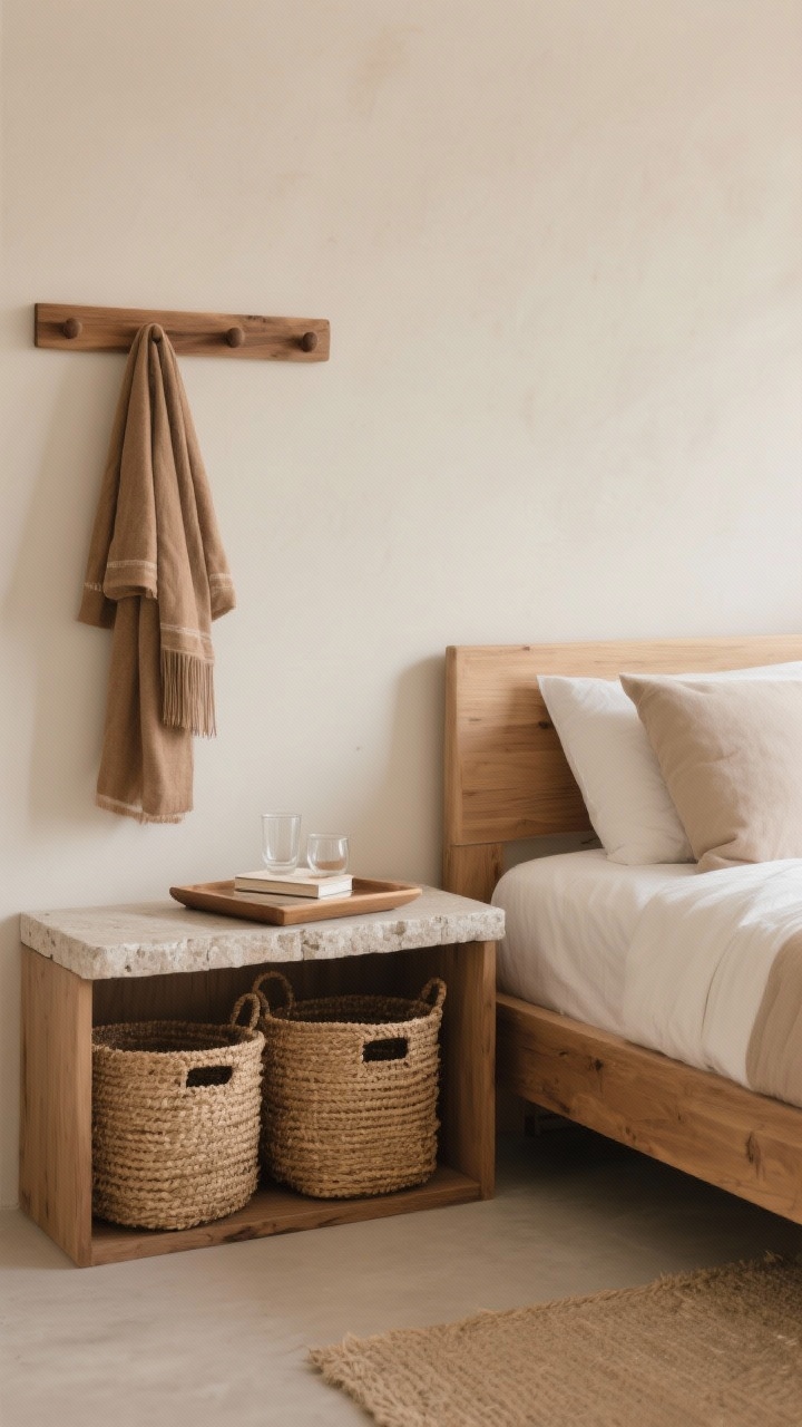 Medium shot of natural-materials storage: woven seagrass under-bed baskets partially tucked beneath a wood bed, a shallow stone or wood nightstand tray holding glasses and a book, and an oak peg rail on the wall with a robe and scarf. Neutral palette with mushroom and camel tones, uncluttered and calming.