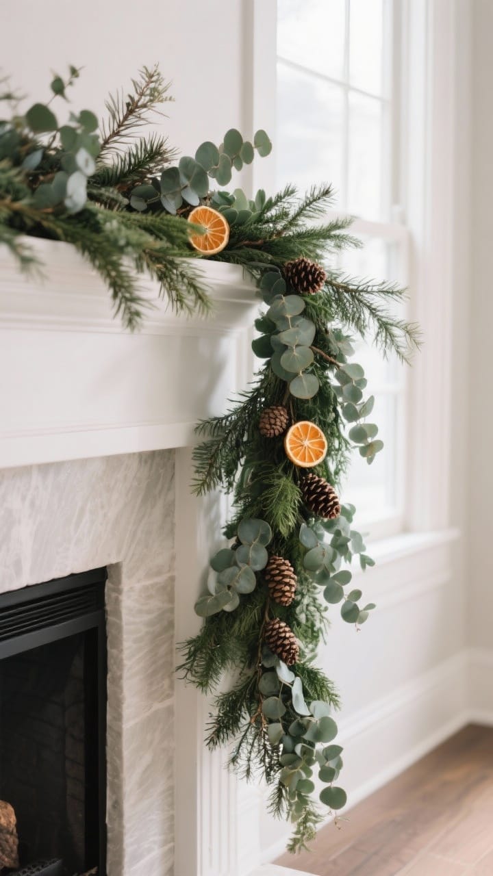 Medium shot of winter greenery styled across a mantel: an asymmetrical garland of eucalyptus, cedar, and juniper cascading down one side; small pinecones and slices of dried oranges tucked in for texture and subtle color; soft natural daylight from a side window; focus on movement and layered greens; corner perspective to emphasize the cascade, photorealistic.