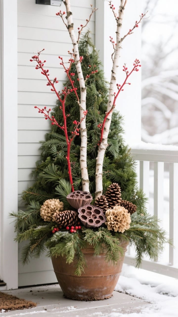 Medium shot of winter porch planters: large container with soil anchoring lush evergreen branches (cedar, juniper, pine) for fullness; tall red dogwood branches and birch poles for height and drama; details of pinecones, lotus pods, dried hydrangea heads, and a few subtle faux berries for color. Triangular composition—tall in back, medium middle, low front. Cool winter daylight; palette: greens, natural browns, red accents, birch white.