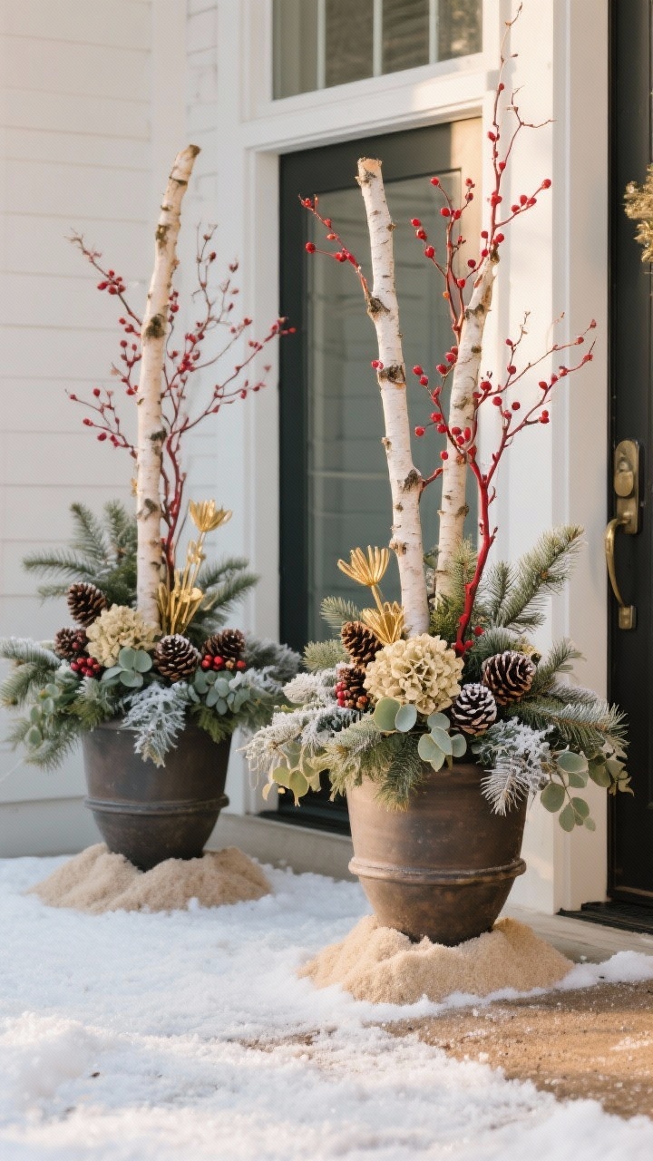 Medium shot of winter urns flanking a front door, arranged like mini gardens. Each planter includes tall birch poles and red dogwood branches for height; full cedar and pine boughs for volume; accents of pinecones, faux berries, and a few gold picks for sparkle. Seeded eucalyptus and dried hydrangeas add texture. Slight frost on edges; sand/foam base subtly implied. Soft late afternoon winter light, balanced composition, no people.
