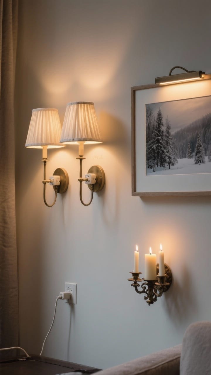 Medium shot, side angle: a wall featuring a pair of plug-in sconces with pleated linen shades casting warm 2700K light, a picture light illuminating a moody winter landscape, and an LED candle wall holder with realistic tapers for old-world charm; layered lighting at different heights creates depth and intimacy; no hardwiring visible, cords neatly managed.