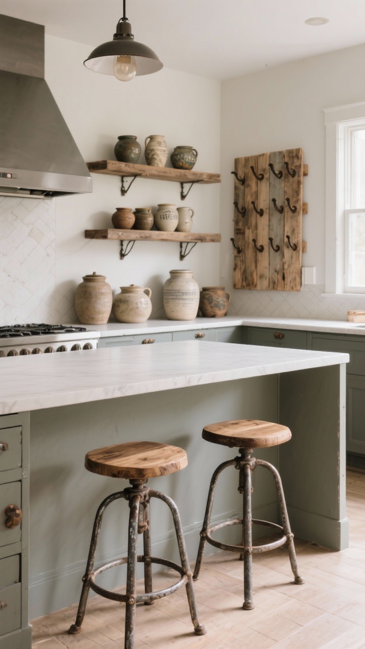 Medium shot: Soulful vintage accents in a rustic modern kitchen—pair of vintage industrial wood-and-metal stools at a clean island, open shelf with stoneware crocks and antique pottery, and a reclaimed wood rack with patinated hooks; restrained placement, warm natural light, contemporary backdrop.