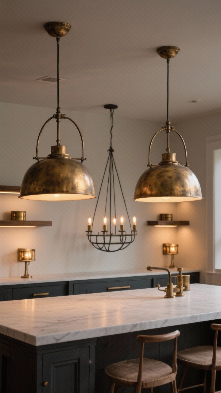 Medium shot: Statement lighting over an island—two oversized pendants in aged brass with clean silhouettes, paired with a minimalist wrought-iron linear chandelier in the background and a pair of aged brass sconces over open shelves; all fixtures on dimmers, evening glow creating warm ambiance.