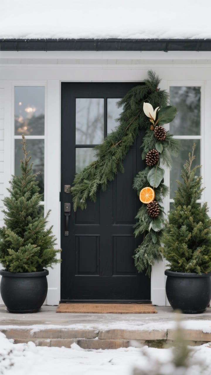 Medium shot, straight-on view of a front door flanked by two matching potted evergreens (spruce or boxwood) in matte black planters; an asymmetrical cedar or eucalyptus garland draped on one side of the door. Subtle accents tucked in: pinecones, dried orange slices, and a few glossy magnolia leaves. Overcast winter light for a fresh, lush look; no overt holiday decor; palette: deep green, black, and natural wood.