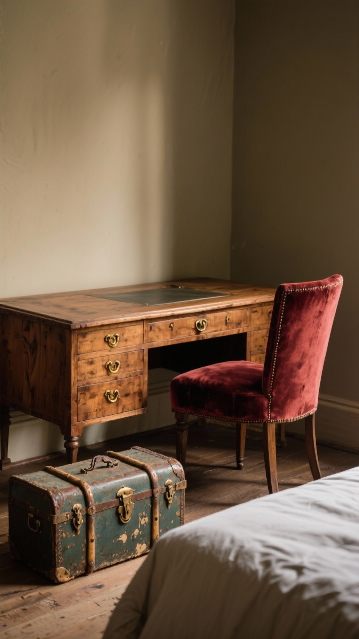 Medium shot: Vintage furniture vignette featuring a solid wood writing desk with visible grain and brass hardware, paired with a worn velvet chair in oxblood; a weathered trunk with patina sits at the foot of a bed just out of frame; scratches and dings visible for character; warm, low-contrast lighting accentuating wood tone and age, photorealistic.
