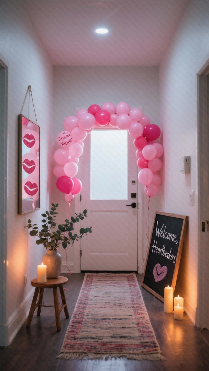 Medium, straight-on entry vignette: a front doorway wrapped in a balloon arch using two shades of pink plus one accent color, a mirror nearby with playful lipstick messages reading “Welcome, Heartbreakers,” a chalkboard sign leaning against the wall, a narrow runner rug underfoot, a vase of eucalyptus on a small stool, and a few pillar candles creating a cozy glow. Warm evening lighting, clean modern hallway.