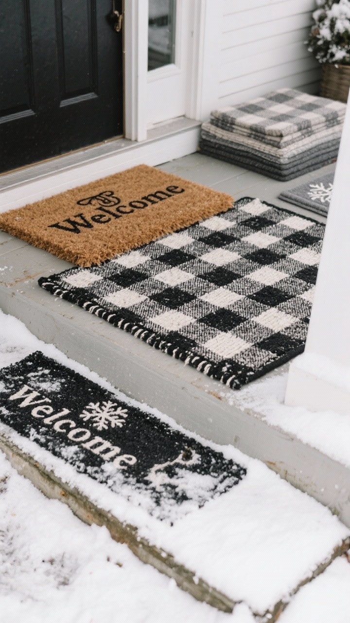 Medium, straight-on porch shot focusing on layered doormats: a large black-and-white buffalo check outdoor rug underneath a classic coir “Welcome” mat. Surroundings lightly snowy with rubber-backed mats visible. Alternative areas in frame hint at other combos (muted plaid with a monogram mat, heathered gray rug with a subtle snowflake mat) stacked nearby, but primary focus is the timeless black-and-white combo. Overcast winter lighting, crisp textures of coir and woven rug.