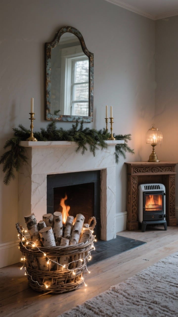 Medium vignette: a faux hearth scene—basket filled with birch logs threaded with warm white fairy lights glowing like embers; a styled mantel ledge above with brass candlesticks, a simple pine garland, and a slightly patinaed vintage mirror; to one side, a small electric stove-style heater casting warm light; optional carved wood surround; dim, cozy evening lighting, angled view.