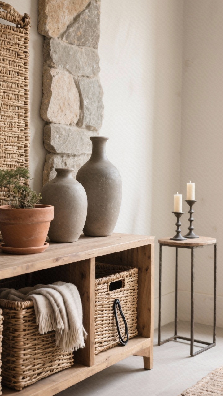 Medium vignette of stone, clay, and woven accents: matte stoneware vases and a clay planter on a lightly stained wood console, woven rattan and wicker baskets styled with folded throws and a hidden cord organizer, iron candleholders and a slim iron side table base; balanced rustic mix with subdued finishes; gentle side lighting to reveal texture; three-quarter angle.