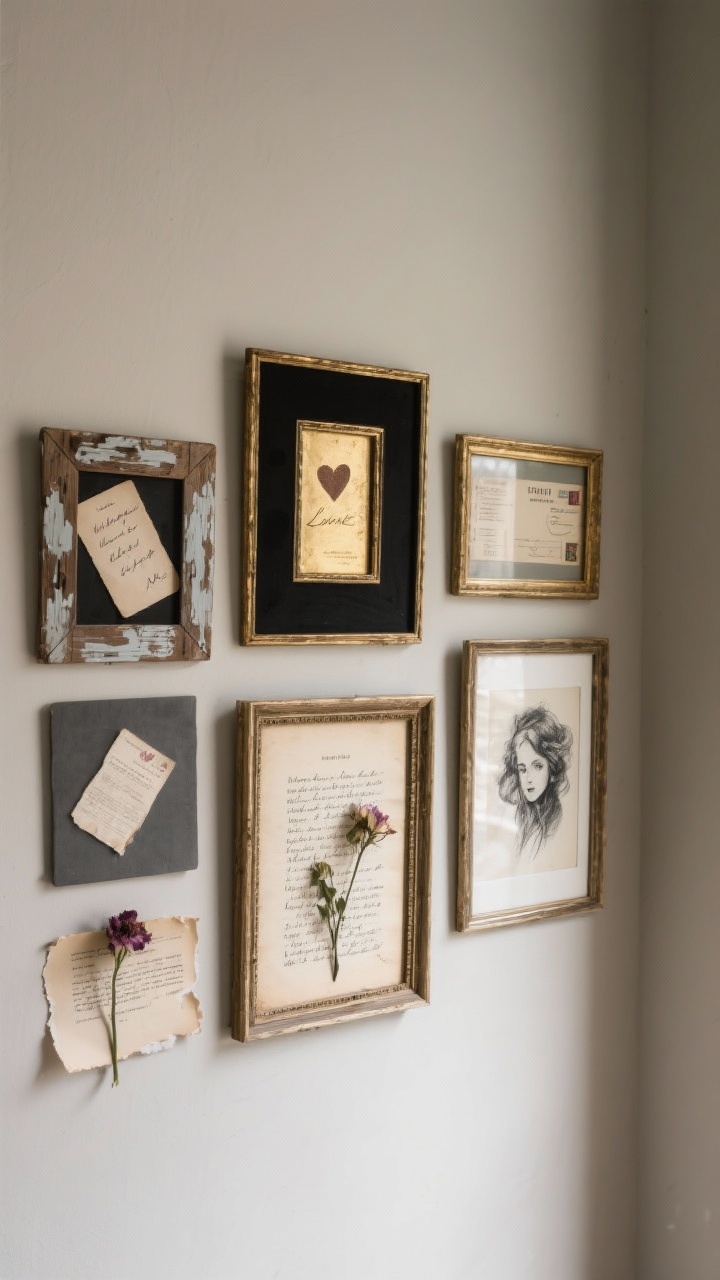 Medium wall vignette, straight-on: a gallery of mismatched vintage frames (chipped wood, weathered black, gold leaf) containing mini handwritten love notes, old French postcards/receipts, torn book pages with romantic quotes, and one moody charcoal sketch. Include a couple of pressed flowers tucked behind glass. Neutral palette—sepia, cream, slate—with matte wall in greige. Soft side lighting to emphasize patina and paper texture.
