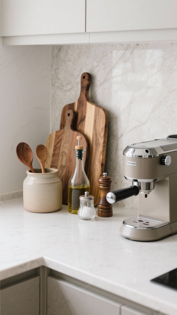 Overhead detail shot: Curated countertop styling—layered wood cutting boards leaned against a slab backsplash, ceramic crock with wooden spoons, an olive oil decanter, salt cellar, and quality pepper mill forming a tidy vignette beside a single matte neutral espresso machine; clear, uncluttered surface.