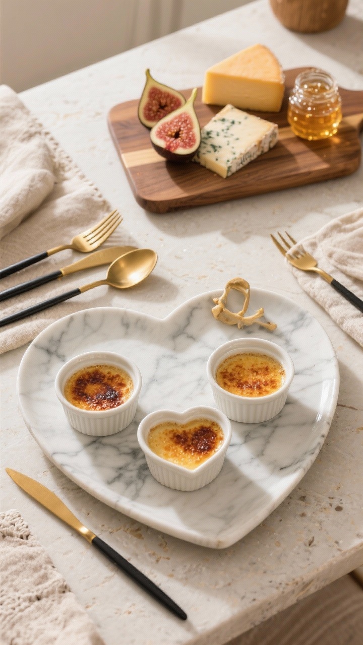 Overhead detail shot: Elevated heart-shaped serveware composition—ceramic heart ramekins ready for crème brûlée, a marble heart board styled with cheeses, figs, and honey, and gold and matte black flatware arranged neatly; stoneware textures and wood accents for warmth, photographed in bright natural light for crisp realism.