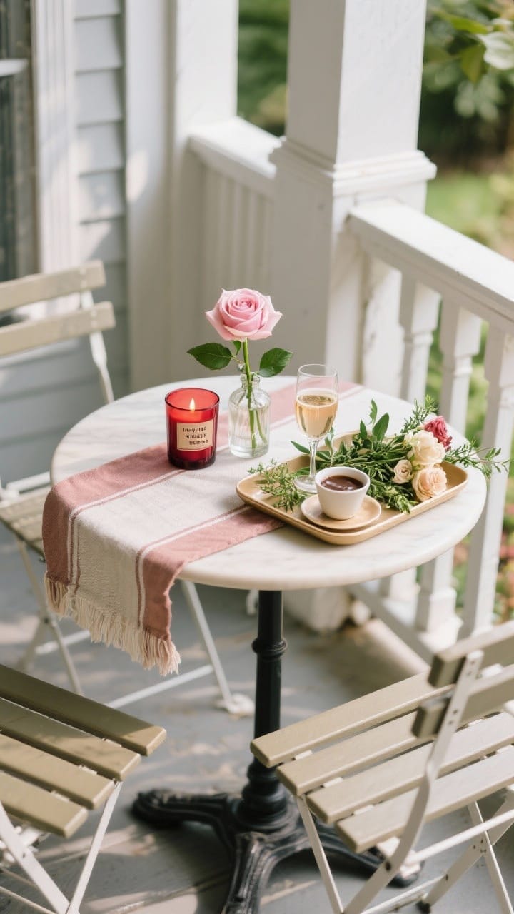 Overhead detail shot of a petite bistro set vignette on a small porch: a compact table with a two-tone table runner, bud vase holding a single blush rose, ruby glass candle holder, and a tray set for cocoa or bubbly. Mix real greenery sprigs with a few faux blooms. Include an outdoor-safe candle labeled rose/vanilla/tonka. Bright natural light, crisp textures, intimate date-spot feel.