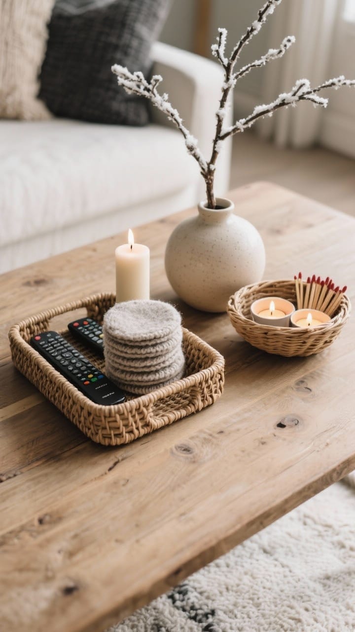 Overhead detail shot of a winter-styled coffee table: a woven tray corralling remotes and candles, a neat stack of knit or felt coasters, a small basket with matches and tea lights, and a ceramic vase holding a single winter branch; tactile materials emphasized, soft natural light, restrained composition with oat, cream, and charcoal accents on a wood tabletop.