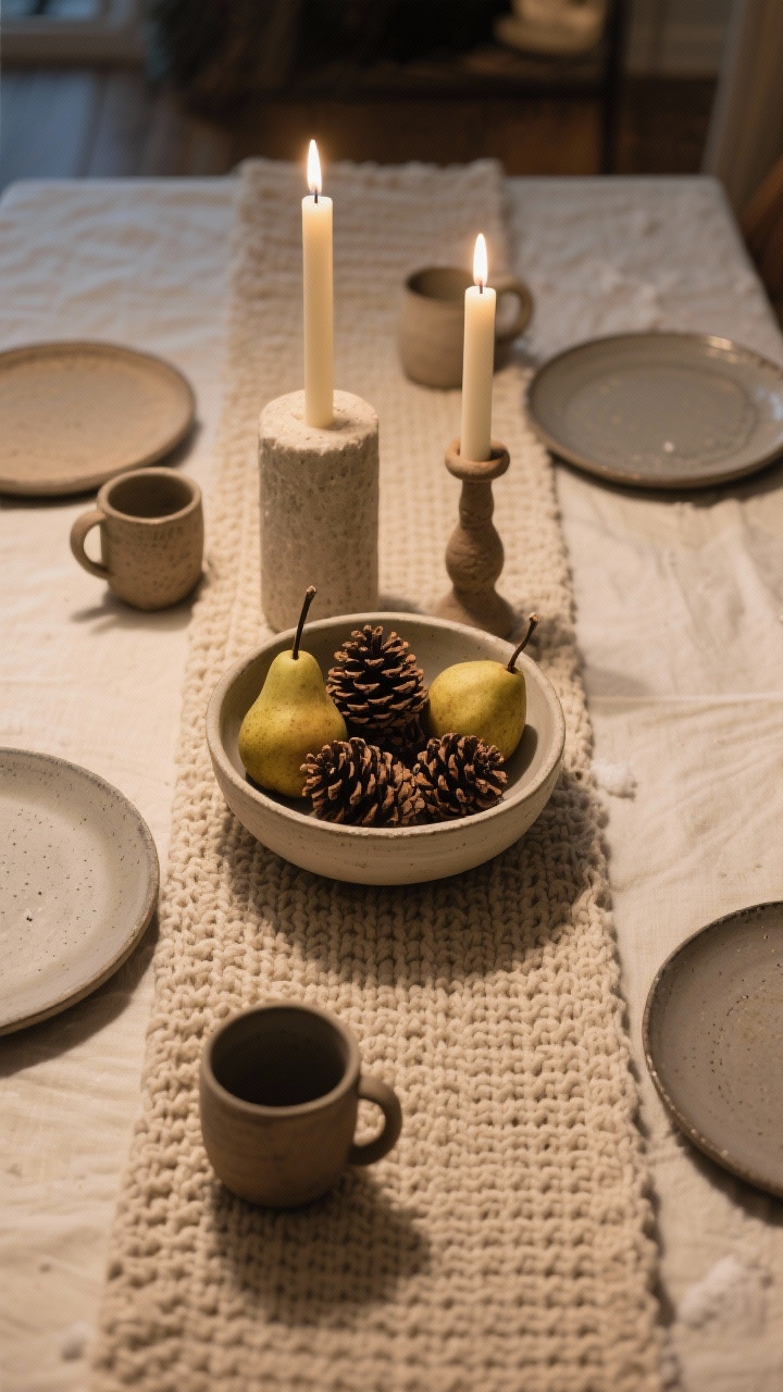 Overhead detail shot of a winter tablescape: textured linen or waffle-knit runner in natural oatmeal, a simple ceramic bowl filled with pinecones and a few pears, two slender taper candles and one chunky pillar at different heights, and mismatched matte stoneware plates with handmade mugs; warm evening lighting; intentional yet casual styling; photorealistic.