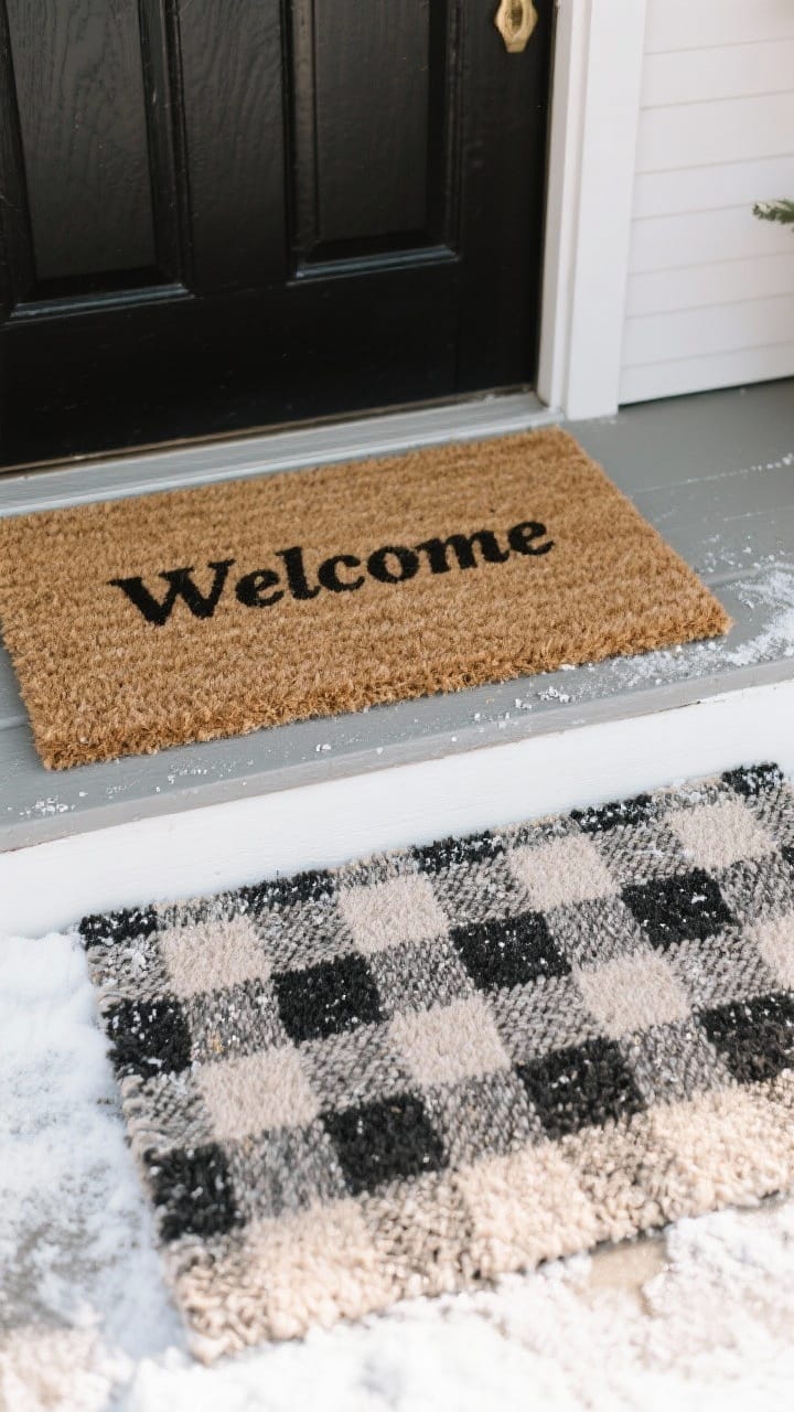 Overhead detail shot of double doormats: bottom layer is a neutral outdoor rug in a subtle buffalo check or stripe (24–30 inches deep, 36–48 inches wide), top layer is an 18x30 coir mat with a simple “Welcome” in black. Winter porch threshold with light dusting of moisture on the coir for realism; palette: black, tan, charcoal; crisp natural light to show texture and scale.
