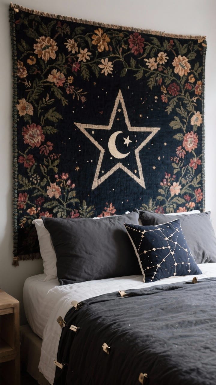 Overhead detail shot of pattern mixing: a dark floral tapestry as the star pattern, paired with a moon-and-star throw pillow and a constellation quilt square; a neutral solid charcoal bedspread anchoring the scene; edges of removable tapestry clips visible for realism; balanced scales of pattern with rich, moody colors under soft ambient light.