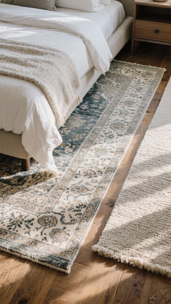 Overhead detail shot of rugs underfoot at the bed: a large wool rug in muted Persian-inspired pattern extending 24 inches beyond bed sides, layered over hardwood; on one side, a slim runner option shown parallel for tight spaces; visible thick rug pad edge peeking under a corner to indicate cushioning; textures highlighted—wool pile vs flatweave sample nearby; morning light raking across to show pattern subtly in muted, wintery colors.