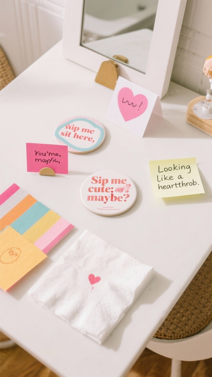 Overhead flat lay detail: playful love notes and small decor—table place cards reading “You’re cute; sit here,” coasters printed with “Sip me, maybe?,” napkins stamped with a tiny heart or guest initials, and a sticky note for a bathroom mirror message “Looking like a heartthrob.” Crisp, bright light, colorful paper and inks, no people.