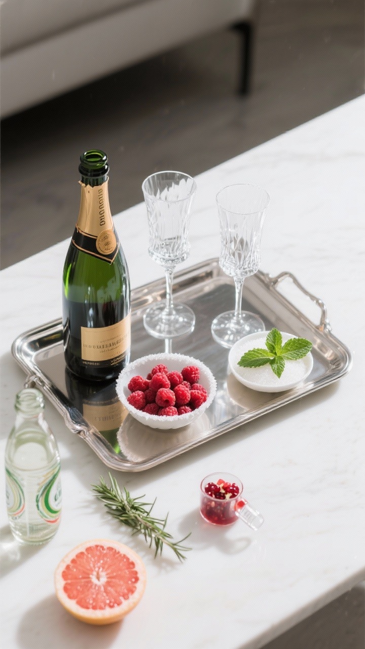 Overhead tray shot: A minimalist bar tray with two crystal flutes, a chilled Champagne bottle, a small bowl of raspberries, a sprig of mint, and sugar-rim setup; alternate elements nearby for mocktails—grapefruit slice, soda bottle, rosemary sprig, and a small vial of pomegranate juice; reflective metal tray and bright, celebratory lighting.
