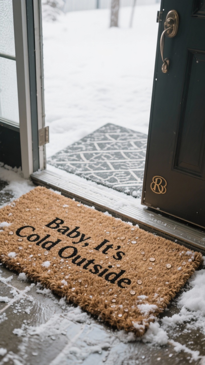 Photorealistic closeup at ground level of a front door threshold: outside, a wide natural coir doormat sized wider than the door for framing, lightly dusted with slush; inside, a patterned indoor mat catching moisture, both aligned; optional witty winter greeting text “Baby, It’s Cold Outside” or a simple monogram on the exterior mat; cool winter daylight with overcast softness, tight focus on fibers and water droplets, shallow depth of field from a low, angled perspective