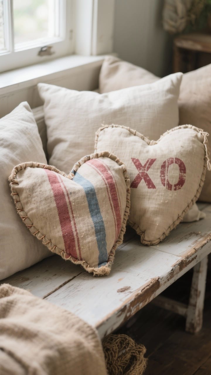 Photorealistic closeup detail of DIY grain sack heart pillows on a bench: natural grain sack or drop cloth fabric with soft, faded red/blue stripes, two heart-shaped pillows with slightly irregular hand-stitched seams, one featuring painted faded stripes, another with a stamped “XO” in worn fabric paint; placed among regular neutral pillows to feel mixed and casual; visible nubby texture of fabric, soft window light, cozy farmhouse vibe, no people.