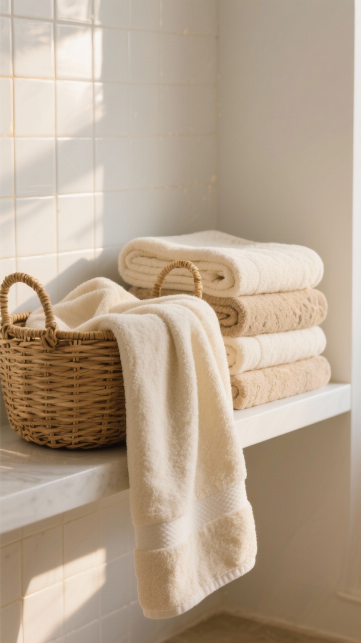 Photorealistic closeup detail of plush, oversized bath sheets neatly styled: warm neutral towels in cream, sand, and stone rolled in a rattan basket beside folded stacks in clean thirds on an open shelf; subtle golden morning light, crisp edges, spa-like presentation, no clutter, white tile backdrop.