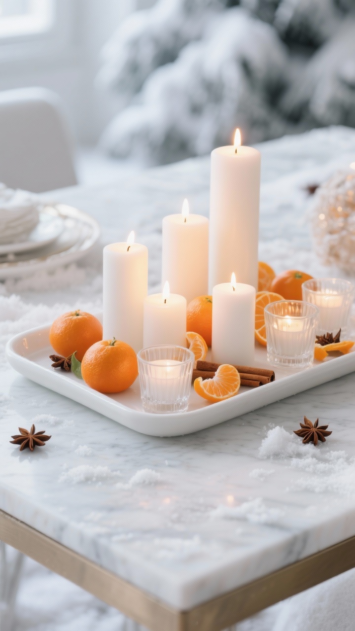 Photorealistic closeup detail shot: a white ceramic tray on a wintery marble tabletop clustered with white pillar candles in varying heights and frosted glass votives, tucked among whole clementines, curled orange peels, cinnamon sticks, and star anise; soft, warm candlelight glows against a cool, snowy backdrop, creating a crisp white-and-orange palette with subtle spice accents; shallow depth of field, straight-on macro perspective emphasizing glow and textures.