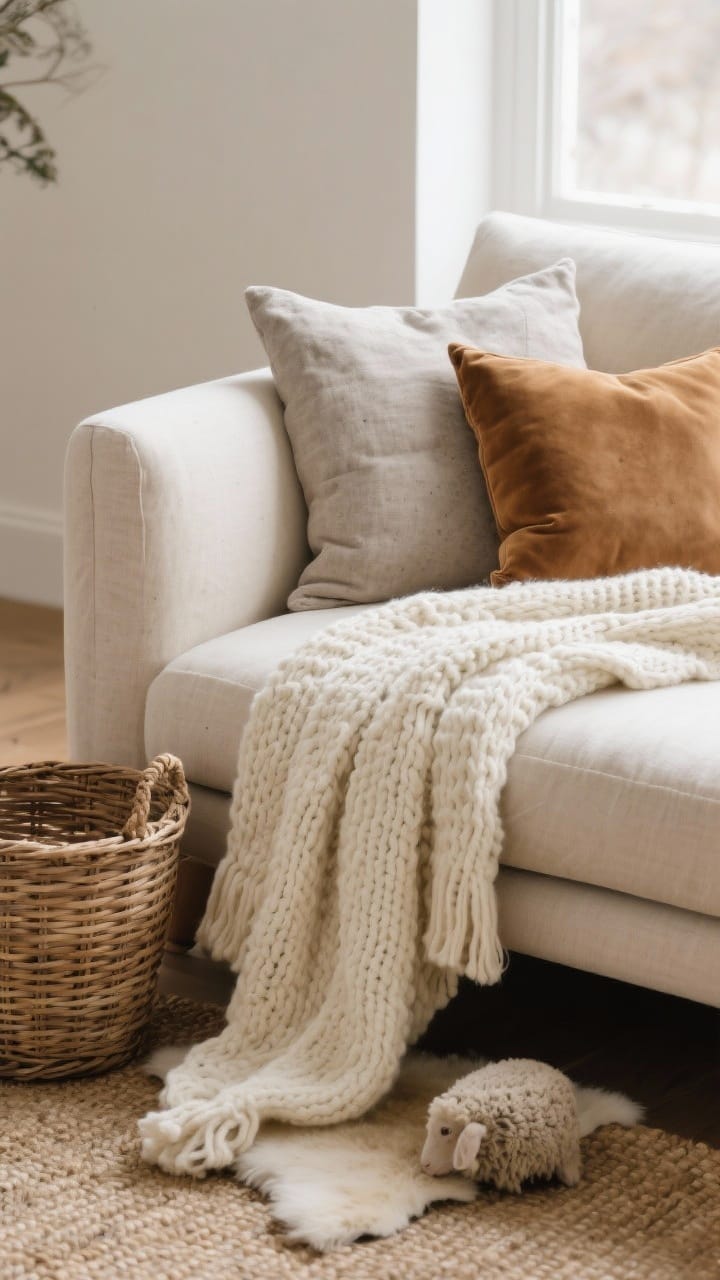 Photorealistic closeup detail shot of layered winter textiles on a neutral linen sofa: a chunky knit cream throw draped over the arm, a stone-colored linen pillow, and a camel velvet cushion; a small sheepskin rug layered over a flat-woven oat-toned area rug beneath; a natural rattan woven basket nearby for earthy contrast; soft daylight from a window, muted, cozy palette of cream, oat, camel, and stone, focus on texture-on-texture with shallow depth of field.